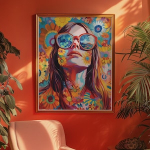 Póster de los años 70 para decoración de habitaciones, arte de pared de mujer hippie de los años 70, póster hippie, arte de pared retro de los años 70, póster vintage, impresión de flores de colores