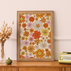 70s Floral Pattern Print: Retro Flower Power Wall Art, Hippie Dorm Decor
