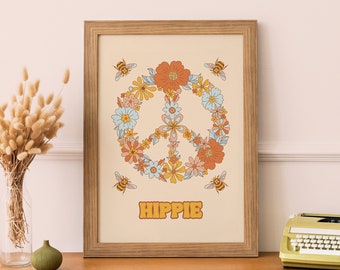 70s Floral Peace Sign Print: Retro Hippie Home Decor