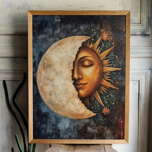 Sun and Moon Face Art Print: Boho Celestial Wall Decor
