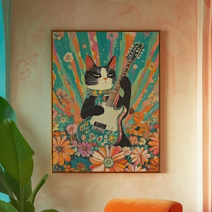 Impresión de arte de pared de gato hippie tocando la guitarra, póster estético retro de los años 60 y 70, regalo de decoración retro para el hogar, regalo para amantes de la música, decoración de habitación única