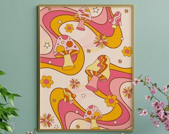 Psychedelic Mushroom Print: 70s Retro Floral Home Decor, Hippie Wall Art