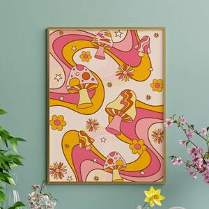 Impresión psicodélica de hongos, decoración de los años 70, impresión hippie, impresión con patrón floral de los años 70, decoración retro del hogar de los años 70, impresión psicodélica de los años 70, póster vintage