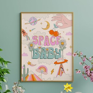 Arte de bebé espacial, póster hippie de los años 60 y 70, decoración psicodélica para dormitorio, impresión psicodélica, arte de pared retro, impresión funky, póster vintage, hippie moderno