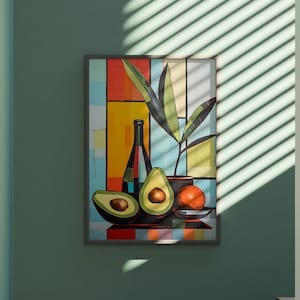Póster de los años 70, arte moderno de mediados de siglo, impresión artística de pintura retro de aguacate, impresión de naturaleza muerta de frutas coloridas, pintura de naturaleza muerta de cocina vintage