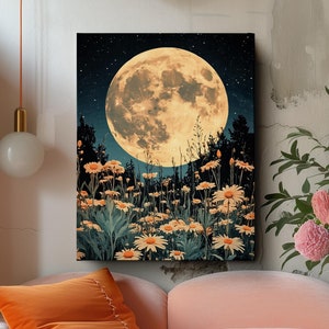 Gänseblümchen Blumen Mond Leinwanddruck, Mondbeschienene Wiese Wildblumen Wanddekoration, Dunkle Cottagecore Dekoration, Blumen Natur Leinwand Wandkunst, Sternenklare Nacht