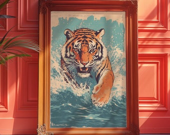 Lámina artística de tigre retro: decoración de pared ecléctica vintage