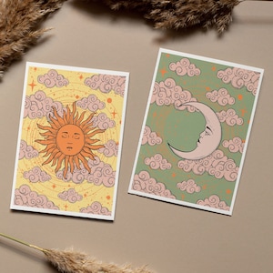 Impresión vintage de sol y luna, decoración celestial, juego de 2 impresiones de los años 70, decoración retro del hogar, juego de impresiones bohemias de sol y luna, arte de pared de los años 70, póster vintage