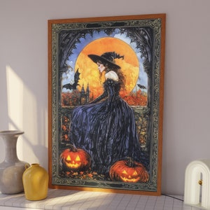 Mystical Witch Halloween Art Print, Witch in Moonlight with Pumpkins and Bats Halloween Decor, Witchy Fall Poster, Gothic Fantasy Wall Art