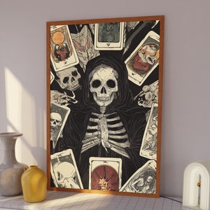 Dark Skeleton Tarot Card Illustration Halloween Decor, Gothic Occult Decor, Mystical Skull Art Witchy Poster, Spooky Fortune Teller Wall Art