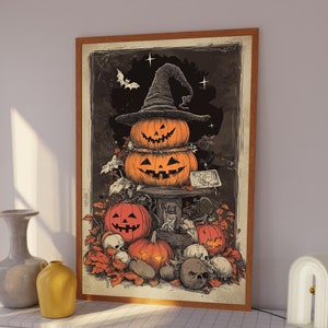 Witchy Pumpkin Stack Halloween Art Print, Vintage Halloween Decor, Spooky Gothic Decor, Dark Autumn Wall Art, Pumpkin Halloween Wall Art