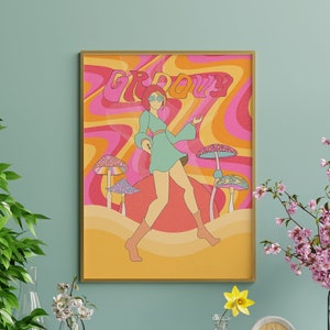 Póster de hongo psicodélico, decoración de pared con un estilo moderno de los años 70, arte de pared colorido y femenino, impresión de habitación hippie para adolescentes