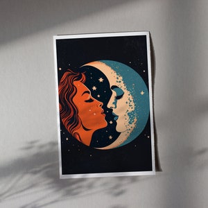 Arte de pared retro, mujer besando la luna, impresión celestial, póster vintage, decoración de los años 70, ilustración de luna de niña, decoración boho