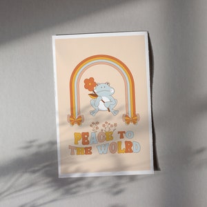 Arte de pared hippie, rana linda, decoración de habitación hippie, arte de pared colorido, póster retro de los años 70, arte de pared moderno, póster estético, moderno de mediados de siglo