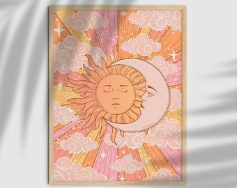 70s Home Decor, Sun And Moon 70s Decor, Celestial Decor, Moon Goddess Poster, Vintage Poster, Witchy Home Decor, Retro Home Decor, Wall Art