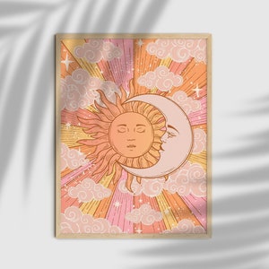 Decoración casera de los años 70, Decoración del sol y la luna de los años 70, Decoración celestial, Póster de diosa de la luna, Póster vintage, Decoración casera de brujas, Decoración de hogar retro, Arte de pared