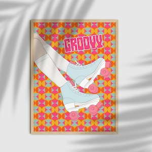 70er Kunstdruck, Retro 70er Jahre Home Dekor, Rollschuhe Poster, Psychedelische Wohndekoration, 80er Poster, Groovy Poster, Roller Girl, 70er Dekor