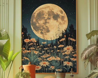 Poster floral lune vintage : oeuvre d'art murale céleste Cottagecore