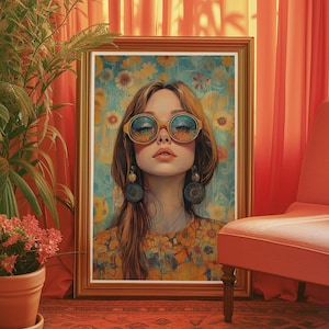 Retrato floral retro de mujer de los años 70, arte de moda de los años 70, póster vintage de colores cálidos con flores, arte floral de chica hippie, arte de pared retro de mujer de los años 70