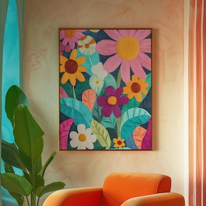 Impresión de patrón floral retro, decoración de pared de los años 70, póster de arte hippie, impresión de poder floral estético de los años 60, póster vintage de estilo retro de los años 70