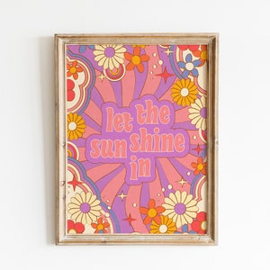 Póster de estilo de los años 70, estampado de patrones florales de los 70, decoración de los 70, let the sunshine in, póster inspirador, cita positiva, póster vintage, arte mural