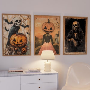 Halloween Pumpkin Head Funky Wall Art Set, Spooky Print Set, Halloween Skeleton  Print, Vintage Posters, Jack O Lantern, Gothic Wall Art Set