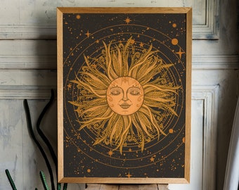 Sun Print, Vintage Poster, Celestial Decor, 70s Home Decor, Retro Wall Print, Sun and Stars, 70s Decor, Retro Sun Poster, Witchy Wall Decor
