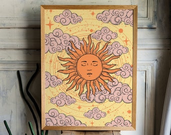 Retro Sun Print, 70s Wall Art, Celestial Art, Retro Home Decor, Vintage Poster, Celestial Decor, 70s Poster, Sun and Stars, Boho Wall Decor