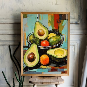 Impresión artística de pintura de aguacate retro / Impresión de naturaleza muerta de frutas coloridas / Pintura de naturaleza muerta de cocina vintage / Póster de los años 70 Arte moderno de mediados de siglo