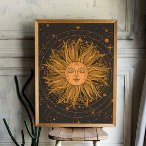 Sun Print, Vintage Poster, Celestial Decor, 70s Home Decor, Retro Wall Print, Sun and Stars, 70s Decor, Retro Sun Poster, Witchy Wall Decor