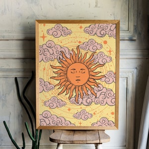 Retro Sun Print, 70s Wall Art, Celestial Art, Retro Home Decor, Vintage Poster, Celestial Decor, 70s Poster, Sun and Stars, Boho Wall Decor