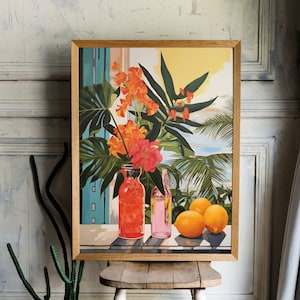 Pintura al óleo de naturaleza muerta tropical / Impresión artística de paisaje tropical retro / Arte mural colorido / Arte moderno de mediados de siglo / Póster de cocina