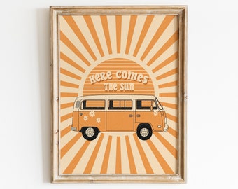 Here Comes The Sun Print, 70s Decor, Hippie 60s Decor, Vintage Poster, Hippie Poster, Retro Home Decor, 70s Wall Art, Hippie Bohemian Print
