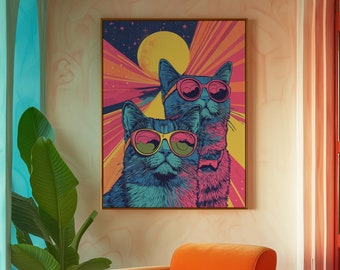 Lámina artística de gato psicodélico: decoración psicodélica de los años 70