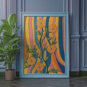 Impresión de arte floral retro de los años 60, póster de flores de los años 70, estética hippie retro de los años 60 y 70, decoración de pared nostálgica, flor vintage, regalo del día de San Valentín