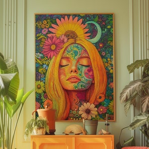 Impresión artística estética vintage de los años 60 y 70, póster de paz retro y moderno, decoración nostálgica para el hogar, arte de pared de chica hippie, arte maximalista con flores coloridas