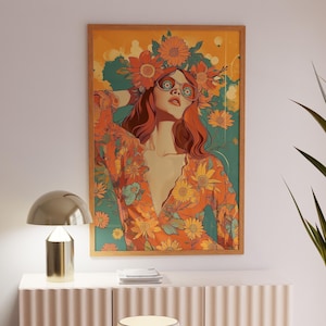 Decoración hippie de los años 70, arte mural femenino, decoración de habitaciones hippies, arte infantil con flores, póster de los años 70, póster vintage estético de los años 70, decoración de dormitorios, arte floral de los años 70