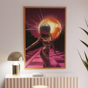 Decoración funky de los años 70, arte de pared preppy rosa Y2K, carteles estéticos retro, arte de pared abstracto con cabeza de bola de discoteca, decoración de dormitorio femenino, chica de moda de los años 70
