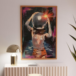 Arte mural preppy, impresión de bola de discoteca, decoración de discoteca funky de los años 70, arte mural femenino, arte mural retro, póster estético maximalista, arte mural surrealista