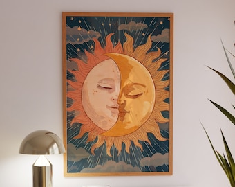 Küssende Sonne und Mond Poster: Retro Celestial Wall Art
