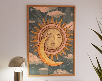 Retro Sun and Moon Art Print: 70s Celestial Home Decor