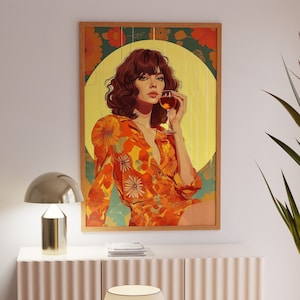Póster de chica hippie de los años 70, impresión artística de cóctel, decoración de los años 70, arte de pared retro, impresión estética, arte de pared de los años 70, decoración estética para dormitorio, impresión floral de los años 70
