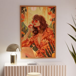 Póster de chica hippie de los años 70, decoración estética para dormitorio, decoración de los años 70, decoración retro, impresión artística de los años 70, flower power de los años 70, impresión artística de cócteles, impresión artística vintage