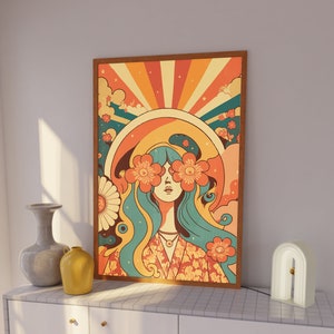 Arte infantil de flores, decoración de los años 70, arte de pared imprimible, impresión digital de chica hippie de los años 70, cartel groovy de los años 70, arte de pared estético retro, cartel vintage