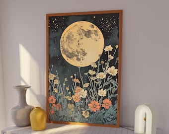 Moon and Flowers Art Print, Vintage Poster, Celestial Decor, Floral Vintage Art, Mystical Celestial Decor, Cottagecore Flowers Wall Decor
