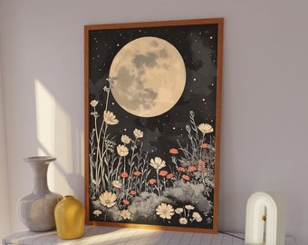 Impression d'art vintage lune et fleurs : décoration cottagecore céleste