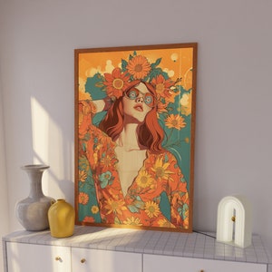 Arte infantil de flores, arte de pared imprimible inspirado en los años 70, impresión digital de chica hippie de los años 70, decoración de los años 70, arte de pared estético retro de los años 70, cartel vintage