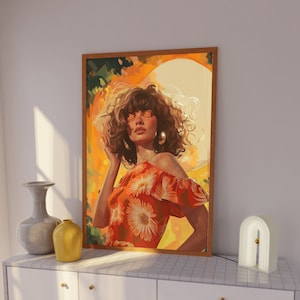 Cartel de chica hippie de arte de pared imprimible de la década de 1970, decoración de los años 70, arte de pared retro, decoración estética del dormitorio, arte de pared de los años 70, estampado floral de los años 70, cartel vintage
