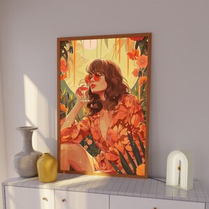 70s Hippie Girl Digital Poster, Aesthetic Dorm Decor, 70s Decor, Retro Decor, 70s Art Print, 70s Flower Power, Cocktail Art Print, 70s Print