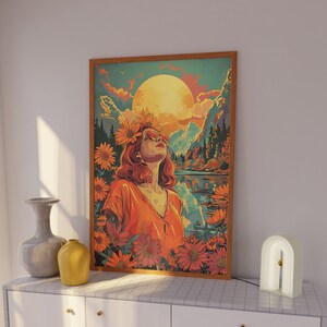Decoración de la década de 1970, Impresión digital de chica hippie de los años 70, Arte de pared imprimible floral retro, Arte infantil de flores, Arte de pared estético retro, Impresión descargable
